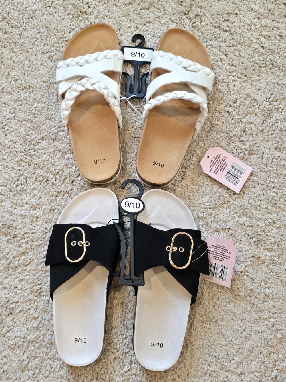 White Braided Slide Sandals and Black Buckle Slide Sandals - Size 9/10